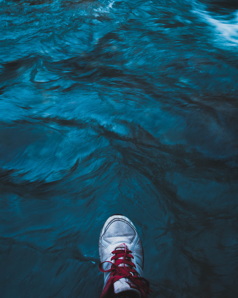 swimming pool, aesthetic, body part, water, river, feet, shoe, nature, human body part, shoes, personal perspective, one person, 2K, standing, human foot