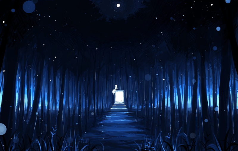 1080P, dark forest, anime landscape, built structure, lighting equipment, night, nature, vanishing point, building, absence, light fixture, Anime, no people
