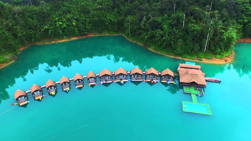 thailand, view, khao, lan, floating, air, 1080P, rai, bungalow, lake, houses, room, sok, villa, water, resort, cheow, park, national