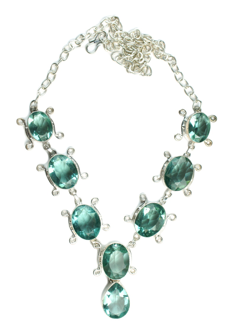 gemstone, precious gem, personal Accessory, studio shot, aqua, close-up, jewel, white background, indoors, necklace, jewellery, luxury, quartz, link, silver