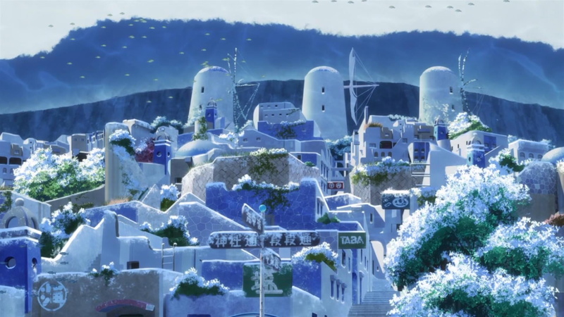 beauty in nature, 1080P, sky, blue, plant, outdoors, anime, tree, village, winter, architecture, mountain, purple, water, cloud - sky, cold temperature