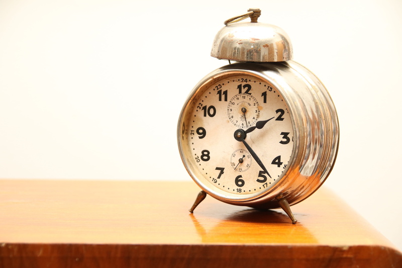 retro styled, old, alarm, clock hand, minute hand, instrument of time, surface, wood - material, brown, copy space, hour hand, number, white background