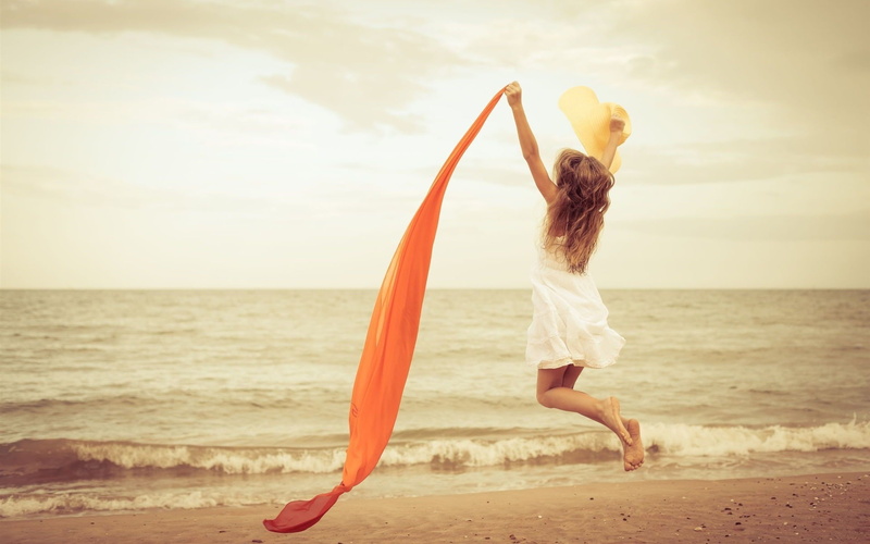 Ribbon, Beach, Happy, Girl, White, 1080P, Red, Sea, Dress, Mood, Jump
