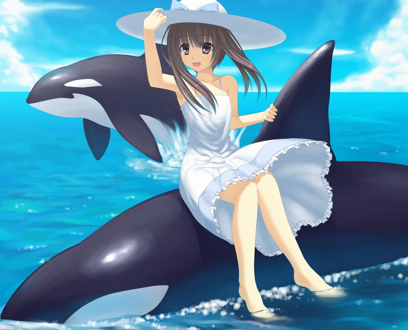 bow (Clothing), Long Hair, Brown Hair, Hat, Original, Smile, 1080P, Anime, Grey Eyes, Orca