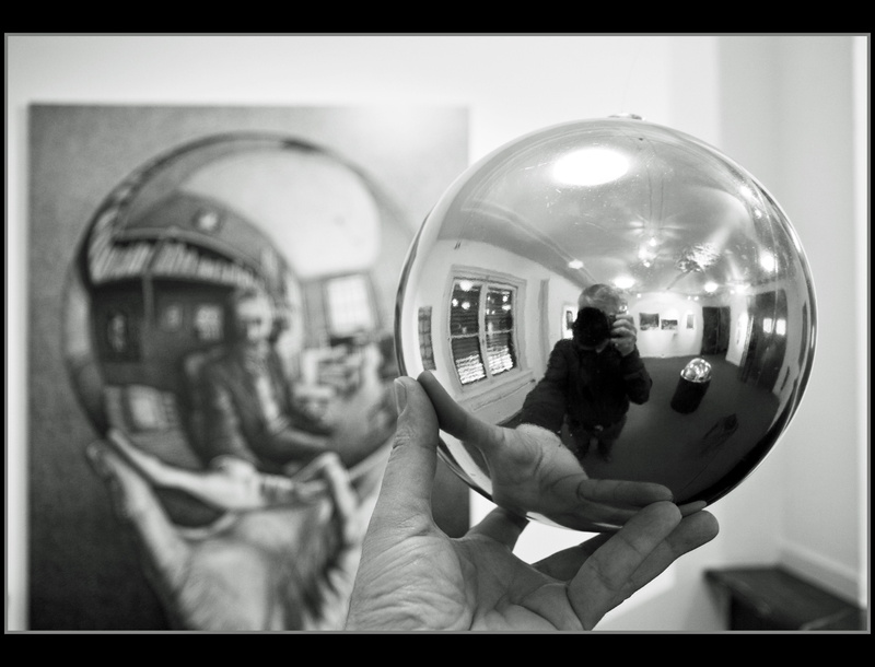 hand, M. C. Escher, 2K, men, Self Shots, sphere, reflection, glass, monochrome, camera