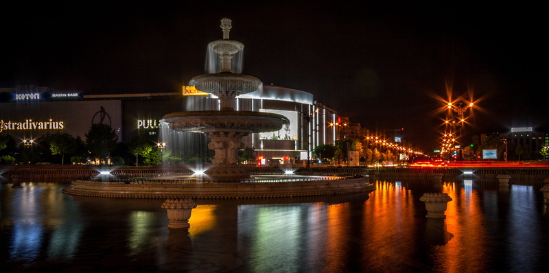 4K, Bucharest, cityscape, travel, downtown, nightlife, europe, Piata Unirii, city, no people, waterfront, illuminated, water, long exposure, luxury, skyscraper