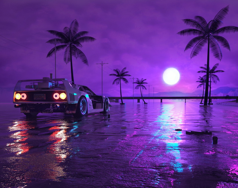 Car, Retro Wave, 1080P, Moon, Digital Art, Purple, Night, Artistic