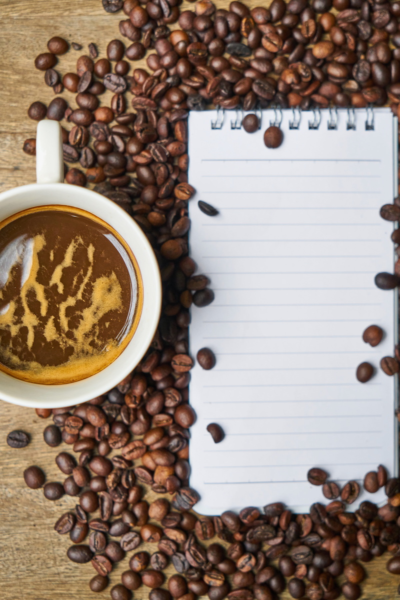 author, school, to write, background, kitchen, breakfast, coffee cup, seed, large group of objects, notebook, the work, pencil, delicious, paper, take notes