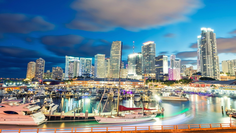 night, yacht, financial district, urban skyline, miami, outdoors, transportation, cityscape, skyscraper, tall - high, buildings, nautical vessel, marinas