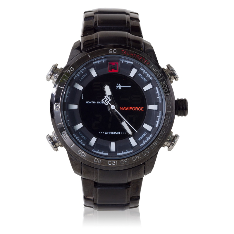 close-up, number, indoors, timer, hour, white background, time, black color, wristwatch, black, naviforce waterproof watch, copy space, accessory, second