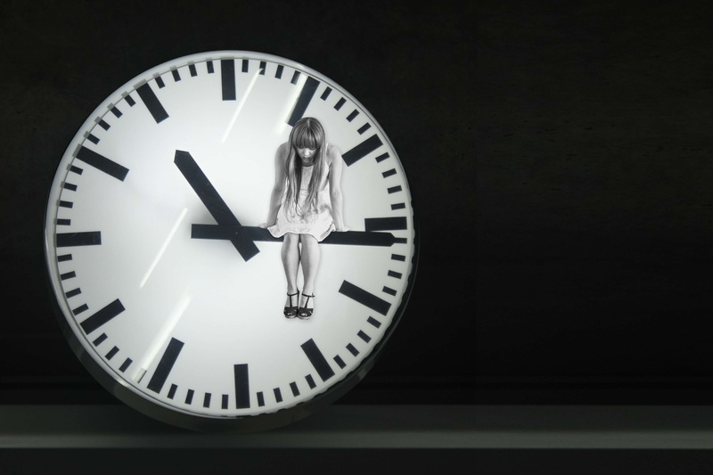 image, girl, 4K, silver colored, night, hands, dark, circle, horizontal, depressed, bummed, symbol, indoors, white, hour hand, shape, minute hand, dial