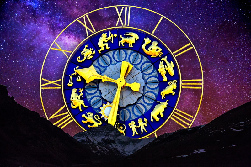 astrology sign, blue, clock face, dial, minute hand, multi colored, astronomy, astrology, analog, night, dial gold, Starry Sky, architecture, 1080P, roman numeral