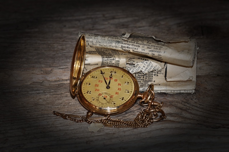 old-fashioned, newspaper, close, luxury, time, retro Styled, accuracy, colored, close-up, studio shot, 4K, rolled, pocket watch, still life, backgrounds