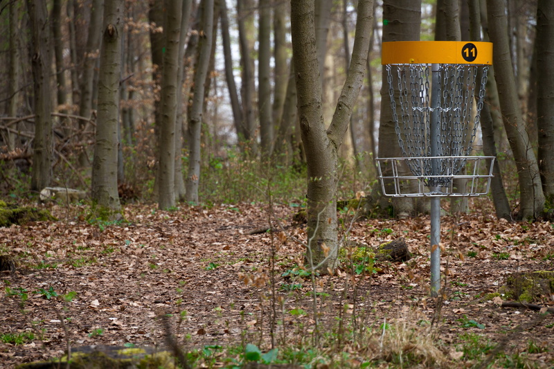 tree, trunk, environment, growth, plant part, land, disc golf, field, sign, tree trunk, focus on foreground, movement, day, sport, frisbee, plant, tranquility