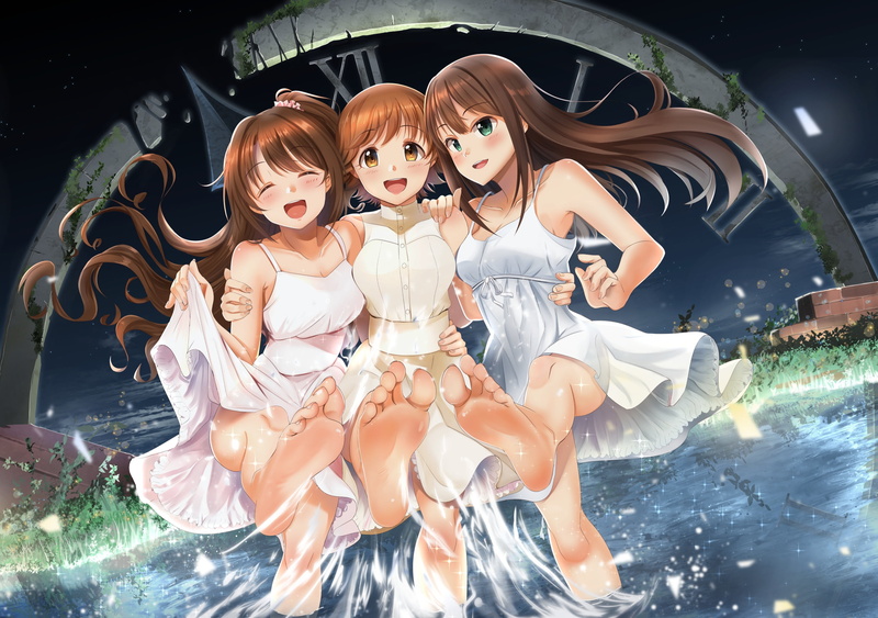 in the water, the evening, Uzuki Shimamura, fun, Idolmaster: Cinderella Girls, Rin Shibuya, friend, river, My Honda, 2K, dial, barefoot, Casino, white sundress