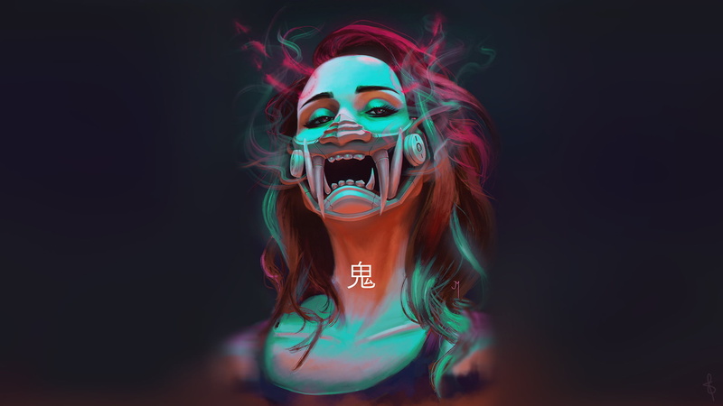 cyberpunk, Japanese, people, colorful, ghost, digital art, 1080P