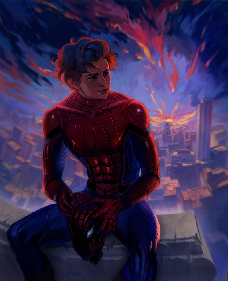 drawing, fan art, sitting, mask, ArtStation, city, looking away, cityscape, orange sky, portrait display, rooftops, digital art, Dzikawa (Artist), Peter Parker