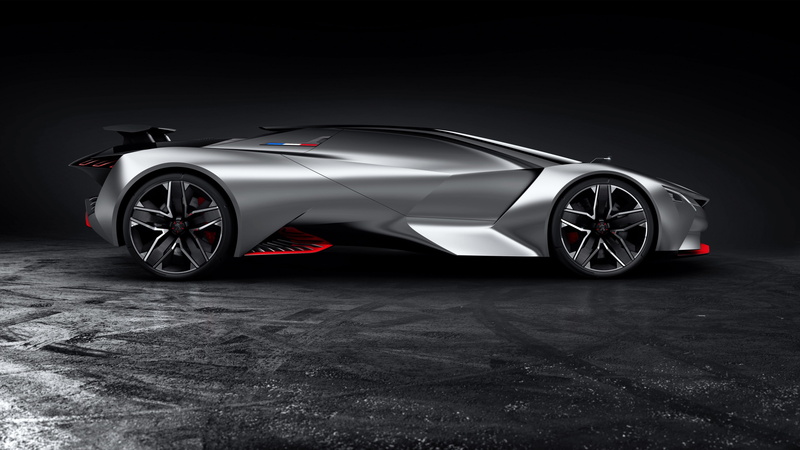 vehicle, motor vehicle, tire, racecar, wheel, transportation, indoors, sports car, silver colored, black background, shiny, PEUGEOT Vision Gran Turismo