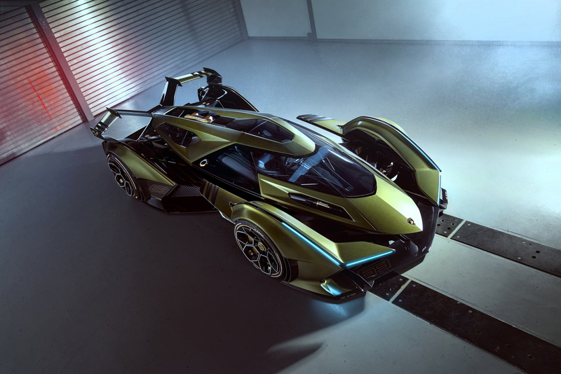 vehicle, glowing, Lamborghini Lambo V12 Vision GT, high angle, 8K, concept car, Garage, concept cars, car, supercars, Lamborghini, futuristic, garages
