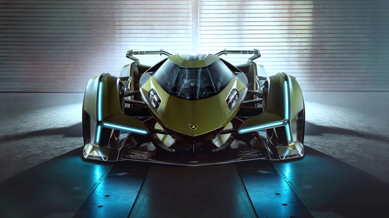 8K, green cars, vehicle, car, Lamborghini Lambo V12 Vision GT, front angle view