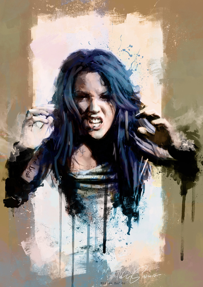 young woman, purple hair, blue hair, celebrity, ArtStation, singer, Alissa White-Gluz, 2K, Arch Enemy, artwork, portrait display, tattoo, simple background