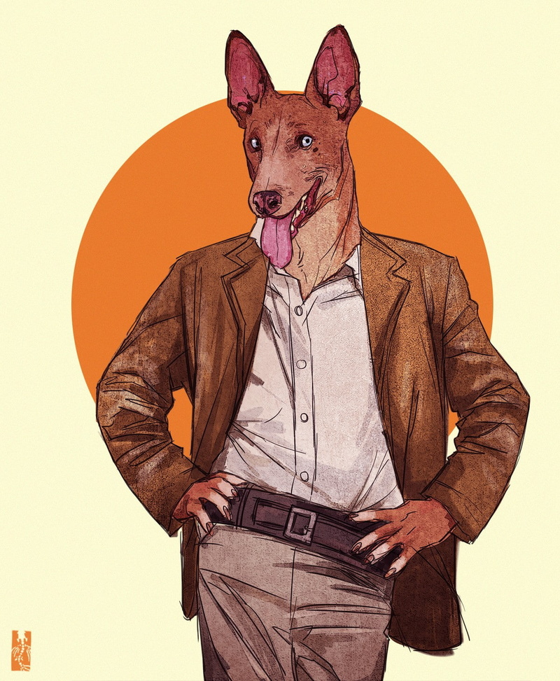 standing, one animal, domestic animals, disguise, three quarter length, hands in pockets, mammal, obscured face, kim nguyen zarnala character design animals exotic anthros