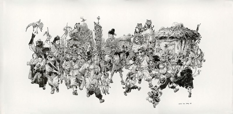 Kim Jung Gi, ink wash paintings, illustration, character design, ink wash, traditional art, artwork, Traditional Artwork, ink, fictional characters, 2K