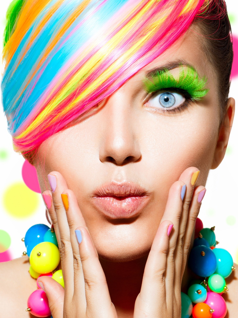 eyelash, beauty, Rainbow hair, one person, face, human face, glamour, eyeshadow, blue eyes, close-up, portrait, beautiful woman, adult, colorful, nail