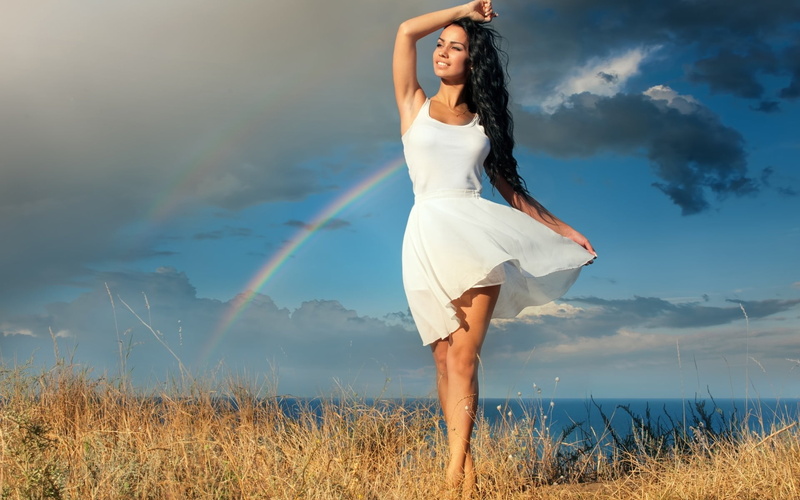 sky, hair, field, leisure activity, grass, land, full length, brunette, hairstyle, dress, young women, young adult, rainbows, nature, women, one person