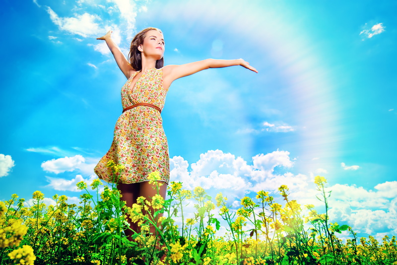 arms outstretched, freshness, s, girl, relaxation, cute, blue, landscape, wildflowers, beauty, fun, young women, green Color, flower, non-Urban Scene, day
