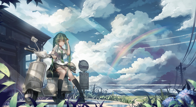 1080P, Vocaloid, twintails, long hair, green hair, skirt, green eyes, shirt, tie, rainbows, flowers, Vespa, sitting, knee-highs, sky, utility pole, clouds