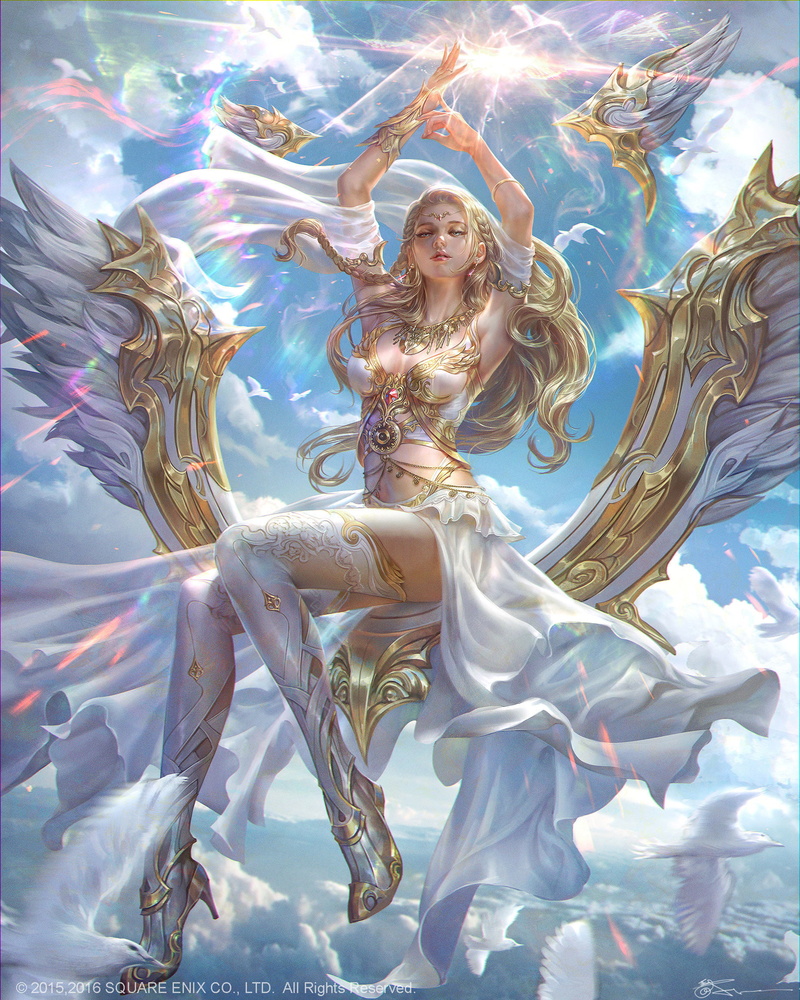 rainbows, fantasy art, angel, women, Jeremy Chong, blonde, wings, clouds, drawing, sky, long hair, 1080P