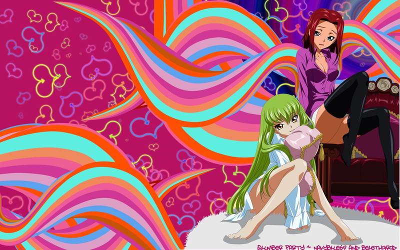anime, 720P, x, art, geass, girls, Rainbows, green, kallen, hearts, hair, code, cc, Code Geass, stadtfeld, hd