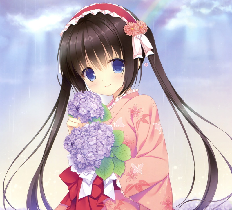 Blue Eyes, Brown Hair, Twintails, Long Hair, Flower, Original, Smile, Anime, Blush, Kimono, 1080P, Rainbow