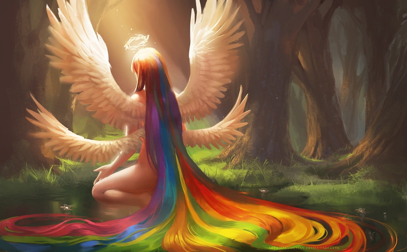 forest, abstract, hd, rainbows, artwork, paintings, hair, nature, digital, art, 1080P, halo, long, women, fantasy, sitting, wings