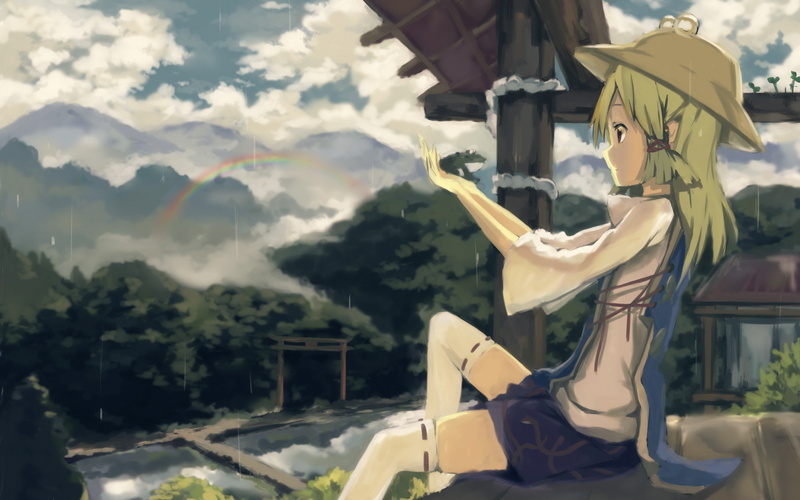 rain, ornaments, clouds, long, anime, ropes, skies, suwako, thigh, video, blondes, 4K, touhou, skirts, buildings, games, trees, water, drops, torii, scenic