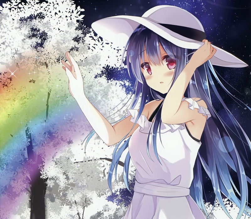 Long Hair, Anime, Blush, Original, 1080P, Black Hair, Red Eyes, Hat, Rainbow
