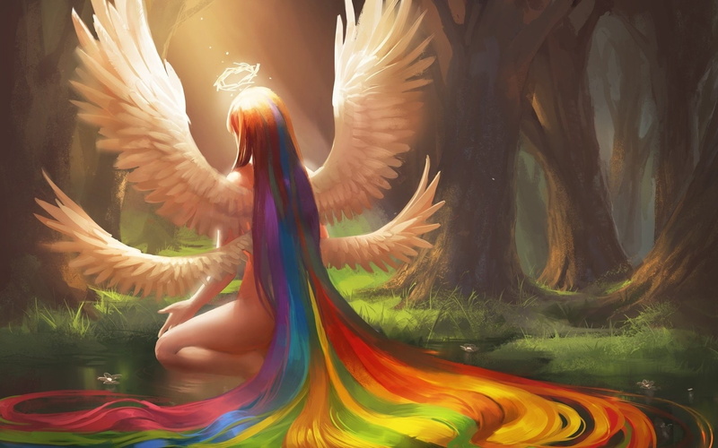 day, water, multi colored, bird, angel, no people, vertebrate, wings, color, one animal, forest, art and craft, fantasy, girl, 1080P, outdoors, animal themes