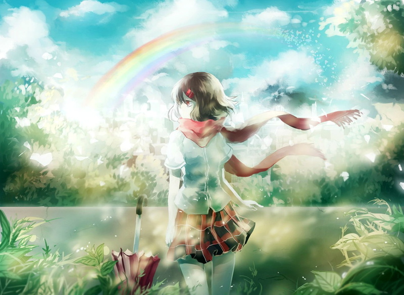 720P, tateyama, skirt, umbrella, brown, rainbow, short, leaves, scarf, ayano, hair, eyes, red, domik, project, kagerou