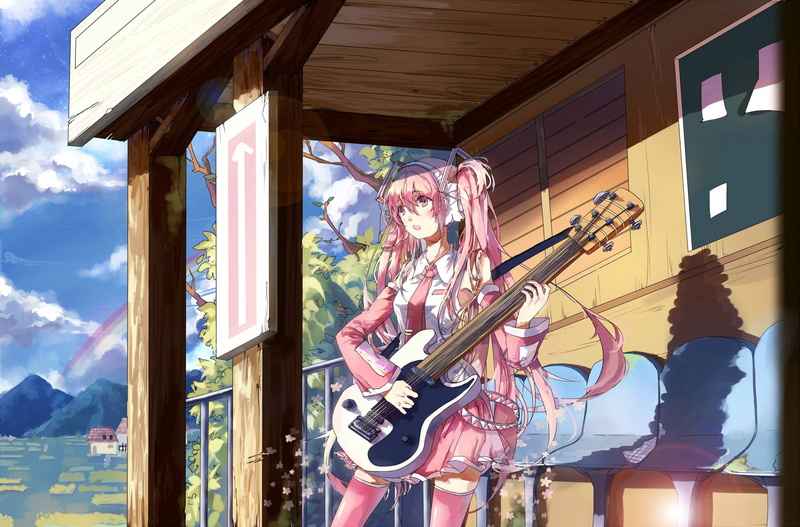 thighhighs, 1080P, hatsune, sakura, clouds, tie, rainbow, vocaloid, eyes, miku, hair, tayen, sky, twintails, pink, instrument, guitar