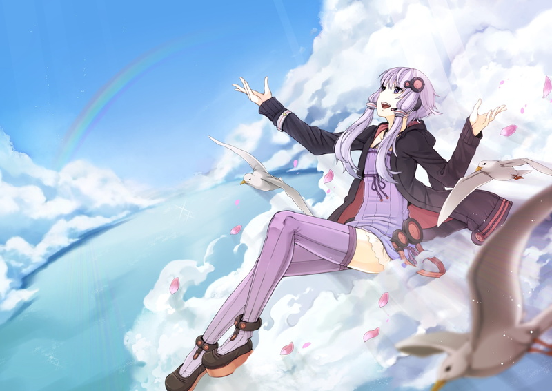 birds, Clouds, thigh, long, dress, highs, purple, vocaloid, 2K, rainbows, smiles, jacket, hd, sitti, twintails, hair, art, animals