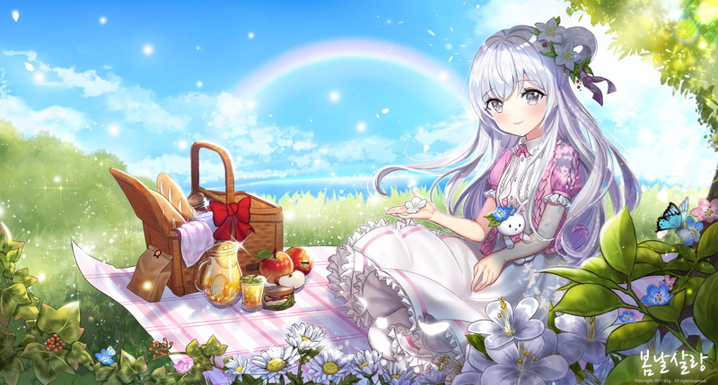 long, dress, hair, com, petals, pass35, food, white, butterfly, drink, gray, eyes, 2K, fruit, clouds, grass, original, rainbow, sky, 240775, blush, konachan