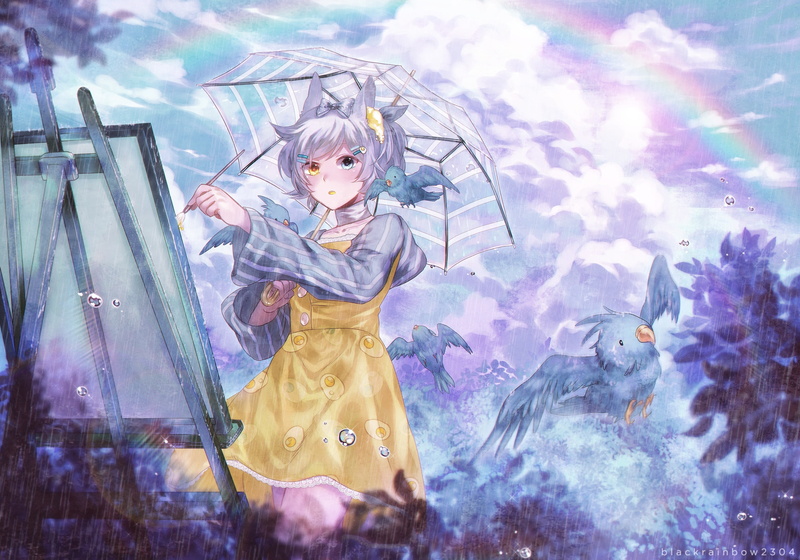 young women, looking, nature, standing, digital composite, real people, birds, clothing, leisure activity, outdoors, transparent, women, 2K, rainbow, Anime
