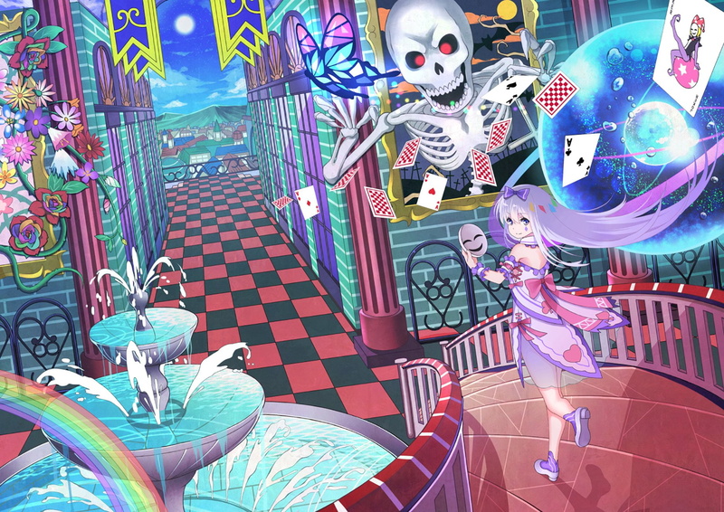 Mask, Girl, Skull, Anime, Rainbow, Original, Ribbon, Card, 720P, Skeleton, Fantasy, White Hair, Dress