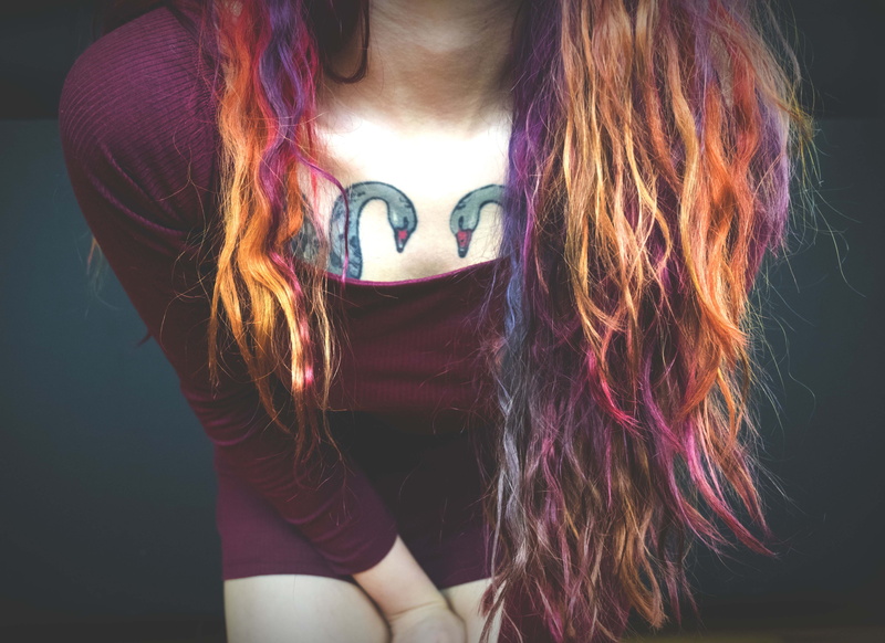 hair color, portrait, human body part, women, woman, unicorn, beautiful woman, tattoos, blond hair, human hair, casual clothing, swan, long hair, real people