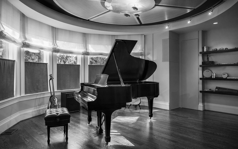 music, ebony, piano, interior, house, 3d and abstract, 1080P, photography, black, guitar, white, room