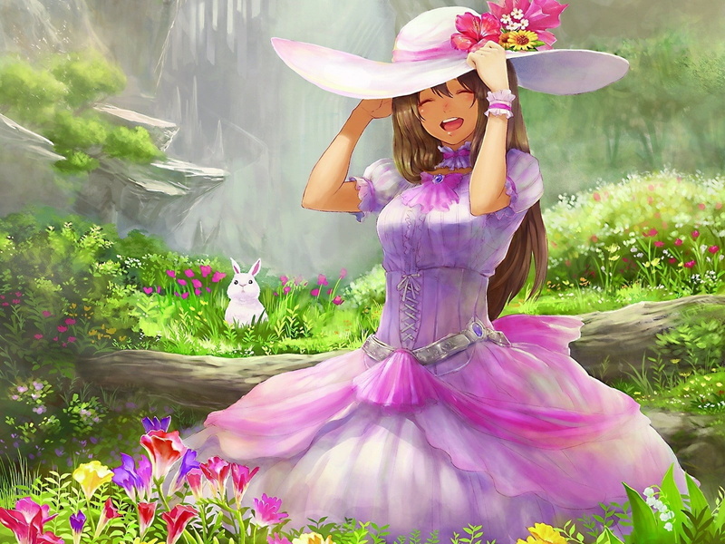 springtime, Flowers, flower, pink color, purple, flowering plant, smiling, plant, Dress, Guchico, Rabbit, nature, hairstyle, Joy, glamour, Emotion, outdoors