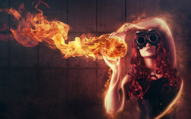 wearing, shirt, 1080P, holding, playing, fire, artwork, binocular, fire girl, woman, fire poster, sleeveless, fantasy game, black, fireball