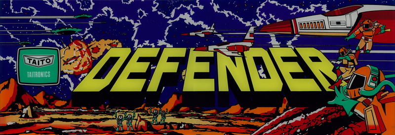 defender, arcade marquee, video game art, arcade cabinet, 5K
