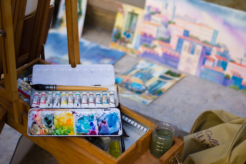 no people, shelf, watercolor paints, messy, 4K, tabletop, easel, bottle, pencil box, game, craft, close-up, container, paint, paint container, drawer